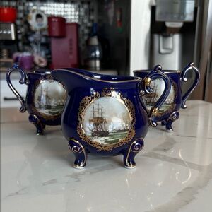 Limoges Navy Blue Porcelain Tea Cups and Creamer Cup